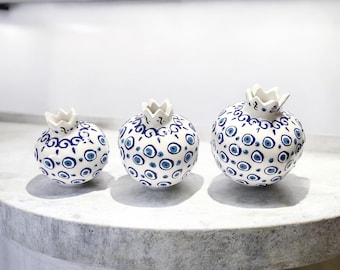 Handmade Turkish Ceramic Evil Eye Pomegranate Set, Nazar Home Decor