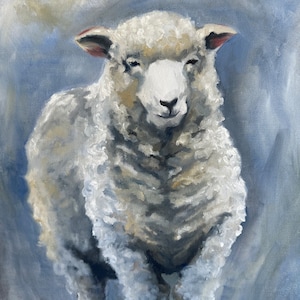 Original Signed Sheep Painting, Acrylic on Canvas