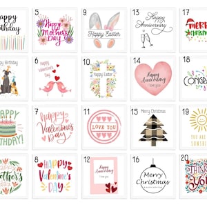 May include: A set of 20 printable greeting cards with various designs and messages. The cards feature illustrations of animals, flowers, hearts, and other festive elements. The messages include Happy Birthday, Happy Mother's Day, Happy Valentine's Day, Happy Easter, Happy Anniversary, Merry Christmas, Congrats, and You Are My Sunshine.