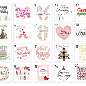 May include: Twenty illustrated greeting cards with various themes, including birthday, Mother's Day, Valentine's Day, Easter, Anniversary, Christmas, and Congratulations. The cards feature colorful designs and handwritten text.