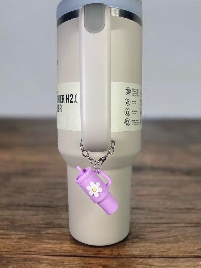 May include: A light gray stainless steel tumbler with a light blue lid and a handle. A purple charm with a white daisy is attached to the tumbler.