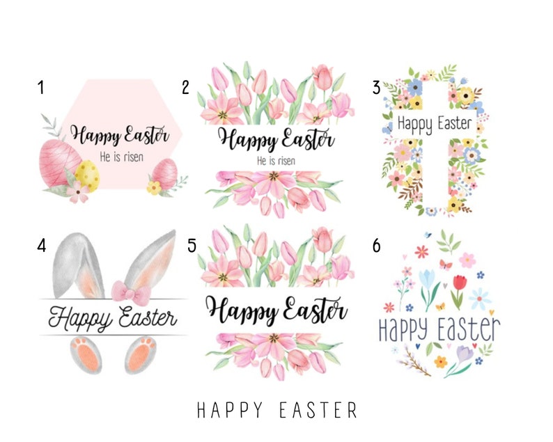 May include: Six different Easter-themed designs featuring watercolor illustrations of flowers, bunnies, eggs, and a cross. The designs include the text "Happy Easter" and "He is risen".