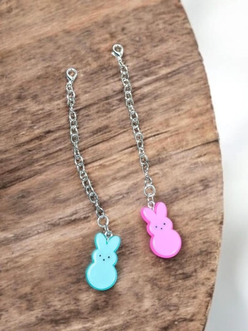 May include: Two silver chains with bunny-shaped charms. The bunny charms are made of pastel pink and blue plastic.