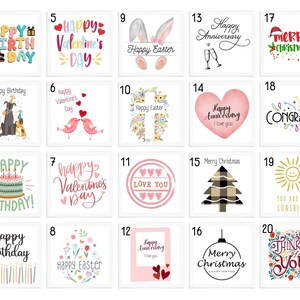 May include: A set of 20 printable greeting cards with various designs and messages. The cards feature illustrations of animals, hearts, flowers, and other festive elements. The messages include Happy Birthday, Happy Valentine's Day, Happy Easter, Happy Anniversary, Merry Christmas, Congrats, Love You, and You Are My Sunshine.