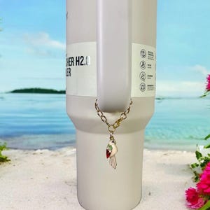 May include: A white stainless steel tumbler with a gold chain and a small bird charm. The tumbler has a black label that says "Cooler H2.0".