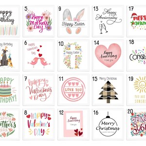 May include: A collection of twenty square greeting cards with various celebratory messages. The cards feature phrases like "Happy Birthday," "Happy Mother's Day," and "Merry Christmas," along with decorative elements such as flowers, hearts, and animals.