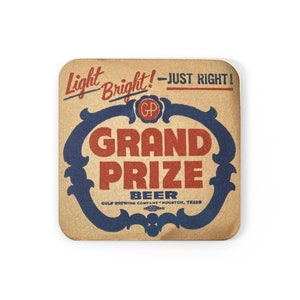 Grand Prize Beer 4-Piece Corkwood Coaster Set - Gulf Brewing Company, Galveston-Houston Texas