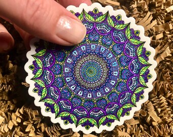 Mandala STICKER: Vinyl Waterproof | Abstract Art | Purple & Green | Die Cut | Handmade | Laptop Decal | Hydroflask | Waterbottle | Gift