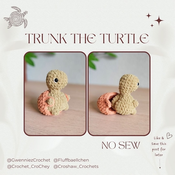 Haakpatroon voor Trunk de schildpad, zonder naaien, inclusief aanpassingen voor kostuums.