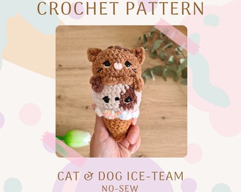 ICE-TEAM cat & dog combination: no-sew crochet ice cream pattern