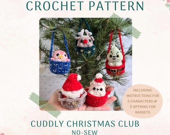Cuddly Christmas Club - no-sew crochet pattern Santa Grinch Penguin Reindeer Bear plushie keychain bag charm gift tag tree ornament