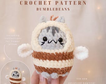 Low-Sew Crochet Pattern – Cat in Bee Costume with Flower Pillow | Bumblebeans Amigurumi PDF | pattern for advanced beginners