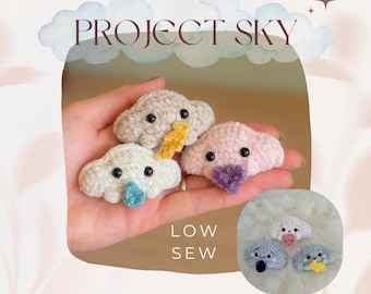 Project Sky: no-sew/low-sew crochet pattern for cloud with accessories heart, rain drop, thunder, for baby mobile or as plushie