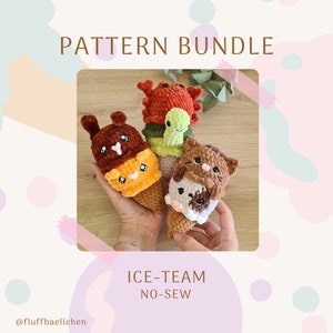 ICE-TEAM BUNDLE: no-sew 3 in 1 animal amigurumi ice cream crochet pattern cat and dog / hamster and bunny / crab and turtle