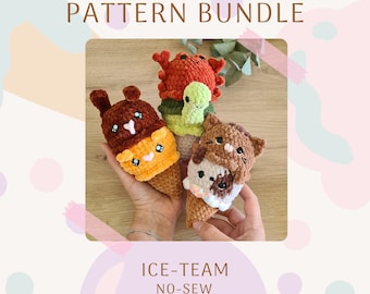 ICE-TEAM BUNDLE: no-sew 3 in 1 animal amigurumi ice cream crochet pattern cat and dog / hamster and bunny / crab and turtle