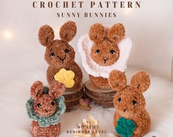 Sunny Bunny Bundle | no-sew/low-sew bunny crochet patterns with flower & clover add-ons | beginner-friendly amigurumi set