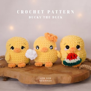 Ducky the Duck | no-sew/low-sew duck crochet pattern with watermelon & flower accessories | amigurumi duck pattern for beginners