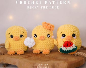 Ducky the Duck | no-sew/low-sew duck crochet pattern with watermelon & flower accessories | amigurumi duck pattern for beginners