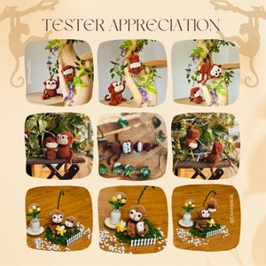 May include: A collage of nine images featuring crocheted monkey amigurumi toys in various poses. The monkeys are brown with white faces and are displayed on wooden surfaces, in a flower pot, and on a branch. The images are captioned with the text "Tester Appreciation" and include the usernames @smurfin, @Nana_crochet, and @Dolinhh1616.