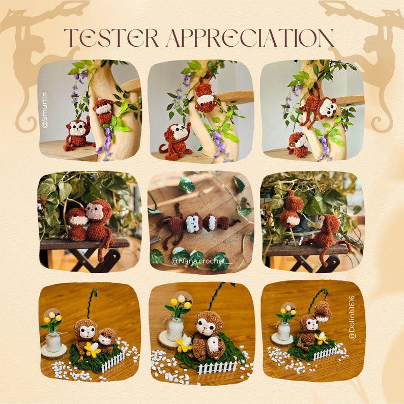 May include: A collage of nine images featuring crocheted monkey amigurumi toys in various poses. The monkeys are brown with white faces and are displayed on wooden surfaces, in a flower pot, and on a branch. The images are captioned with the text "Tester Appreciation" and include the usernames @smurfin, @Nana_crochet, and @Dolinhh1616.