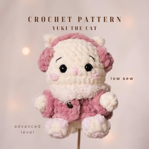 Yuki the Cat Crochet Pattern | Low-Sew No-Sew Amigurumi Winter Cat with Coat & Bear Earmuffs | PDF Pattern | Advanced level