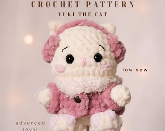 Yuki the Cat Crochet Pattern | Low-Sew No-Sew Amigurumi Winter Cat with Coat & Bear Earmuffs | PDF Pattern | Advanced level
