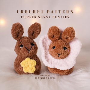 Flower Sunny Bunny | no-sew/low-sew crochet pattern with flower collar & mini bloom | beginner-friendly amigurumi