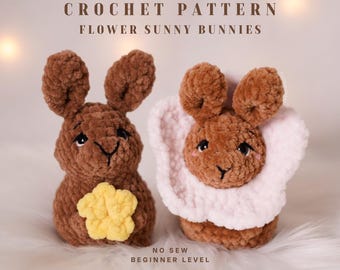 Flower Sunny Bunny | no-sew/low-sew crochet pattern with flower collar & mini bloom | beginner-friendly amigurumi