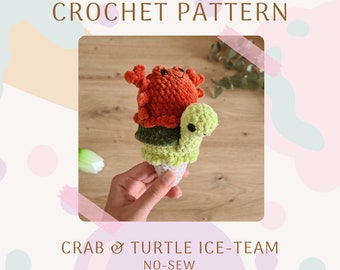 ICE-TEAM turtle & crab combination (intermediate crochet level): no-sew crochet ice cream pattern