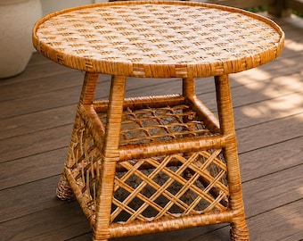 Runder Weiden Couchtisch, rustikale Rattan gewebte Willov Outdoor Beistelltisch Möbel, handgefertigter Garten Boho kleiner Terrasse Schreibtisch