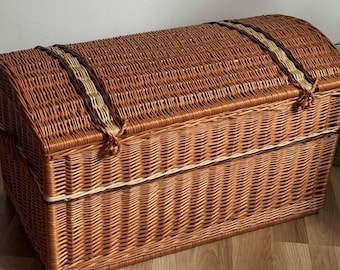 Woven Wicker Storage Chest, Willow Hamper Basket, Large Organizer Trunk with Lid, Rustic Rattan Blanket Toy Storage