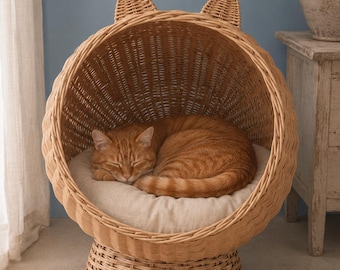 Handmade Willow Wicker Cat Bed, Natural Rattan Pet House, Woven Rustic Boho Furniture, Eco-Friendly Cats Decoration Stuff