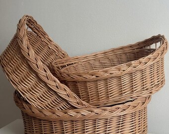 Willow Wicker Laundry Basket, Natural Handmade Woven Tray, Rustic Clothes Hamper Organizer Storage, Nursery Bathroom Shelf Basket