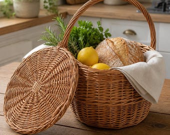Rustic Fruit Basket with Handle, Garden Harvest Basket, Ecofriendly Willow Basket with Lid, Handmade Gathering Basket, Flower Girl Basket