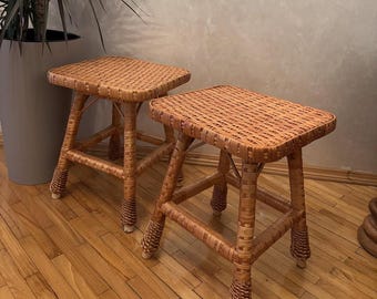 ヴィンテージ フレンチ フォークアート 3 本脚スツール 編み込み