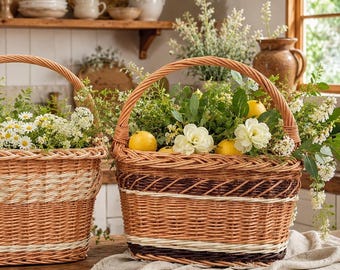 Handwoven Wicker Harvest Basket, Rustic Picnic Basket with Handle, Ecofriendly Willow Basket, Handmade Fruit Basket, Boho Kitchen Decor
