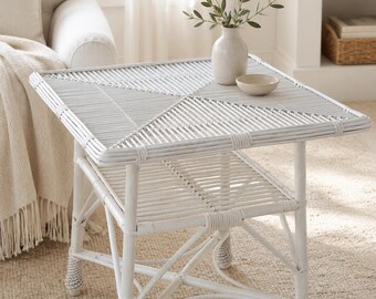 White Wicker Square Coffee Table, Rustic Woven Outdoor Small Accent Side Table, Handmade Garden boho Furniture, Willow Patio Decor