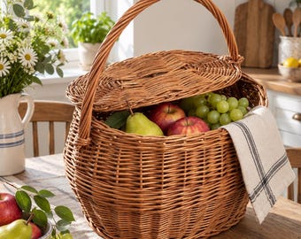 Natural Oval Picnic Basket, Willow Fruit Basket with Lid, Handmade Garden Harvest Basket, Ecofriendly Gathering Basket, Boho Kitchen Decor
