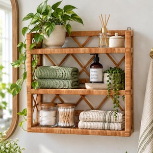 3 Tier Storage Wicker Wall Shelf, Rustic Rattan Wall Rack, Handmade Bookshelf, Hanging Plant Shelf, Bathroom Furniture, Floating Wall Shelf