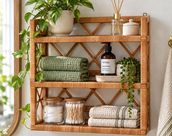 3 Tier Storage Wicker Wall Shelf, Rustic Rattan Wall Rack, Handmade Bookshelf, Hanging Plant Shelf, Bathroom Furniture, Floating Wall Shelf