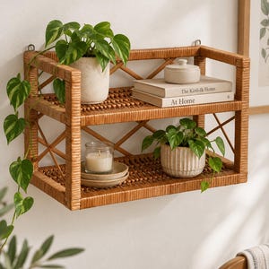 Rustic Wicker Small Wall Shelf, Rectangular Rattan Wall Rack, Boho Hanging Shelf, Ecofriendly Bathroom Furniture, Handmade Plant Shelf