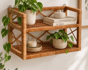 Rustic Wicker Small Wall Shelf, Rectangular Rattan Wall Rack, Boho Hanging Shelf, Ecofriendly Bathroom Furniture, Handmade Plant Shelf