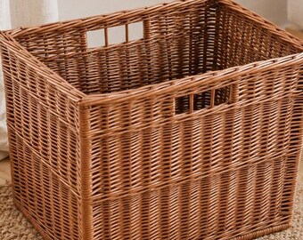 Wicker storage basket with cutout handles, willow rustic trunk organizer, rattan laundry storage container basket boho, woven clothes hamper
