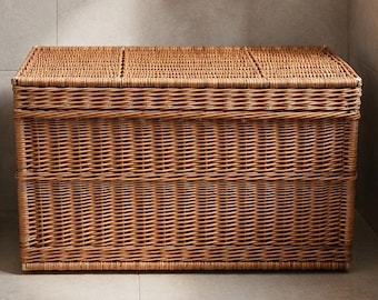 Wicker Laundry Clothes Hamper Rectangular Storage Basket With Lid, Woven Willow Organizer Chest, Bathroom Decor, Nursery Toy Storage