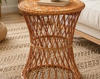 Round Wicker Coffee Table, Woven Boho Outdoor Side Accent Table, Rustic Rattan Furniture, Handmade Garden Willow Small Patio Desk