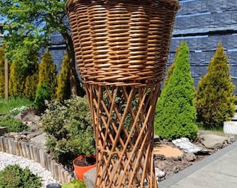Wicker Plant Stand, Woven Flower Outdoor Basket Stand, Tall Rattan Planter Holder, Natural Rustic Garden Flowers Display