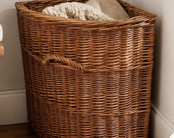 Large handwoven wicker corner basket, rustic woven storage hamper, boho laundry clothes storage organization, willow toy storage organizer