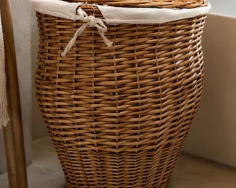 Wicker laundry basket with lid, handmade round laundry clothes hamper basket, natural fruit harvest storage basket, rustic rattan toy box