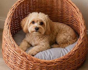 Wicker Oval Pet Bed, Handmade Woven Rustic Dog Boho Decoration, Eco-Friendly Cats Stuff, Natural Rattan Pet House Furniture