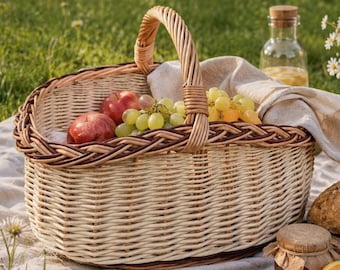 Wicker Picnic Fruit Basket, Rustic Handmade Easter Harvest Storage Basket, Handwoven Willow Gift, Fruits Foraging Bag, Natural Kitchen Decor